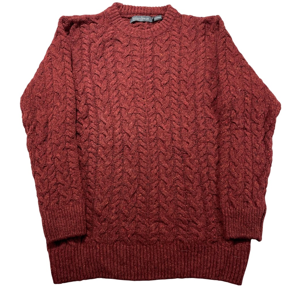IrelandsEye Sweater Women Medium Red Merino Wool Cashmere Cable Crewneck Ireland